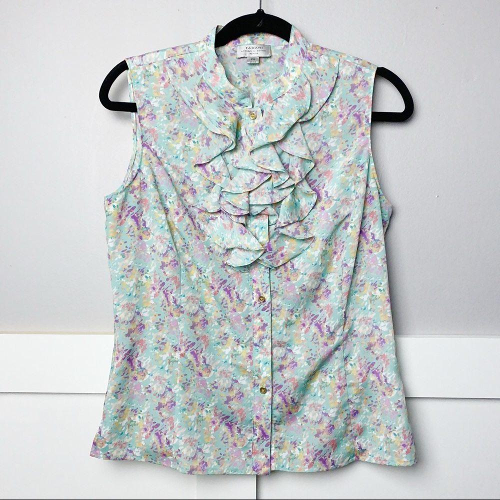 Tahari Ruffled Sleeveless Floral Blouse